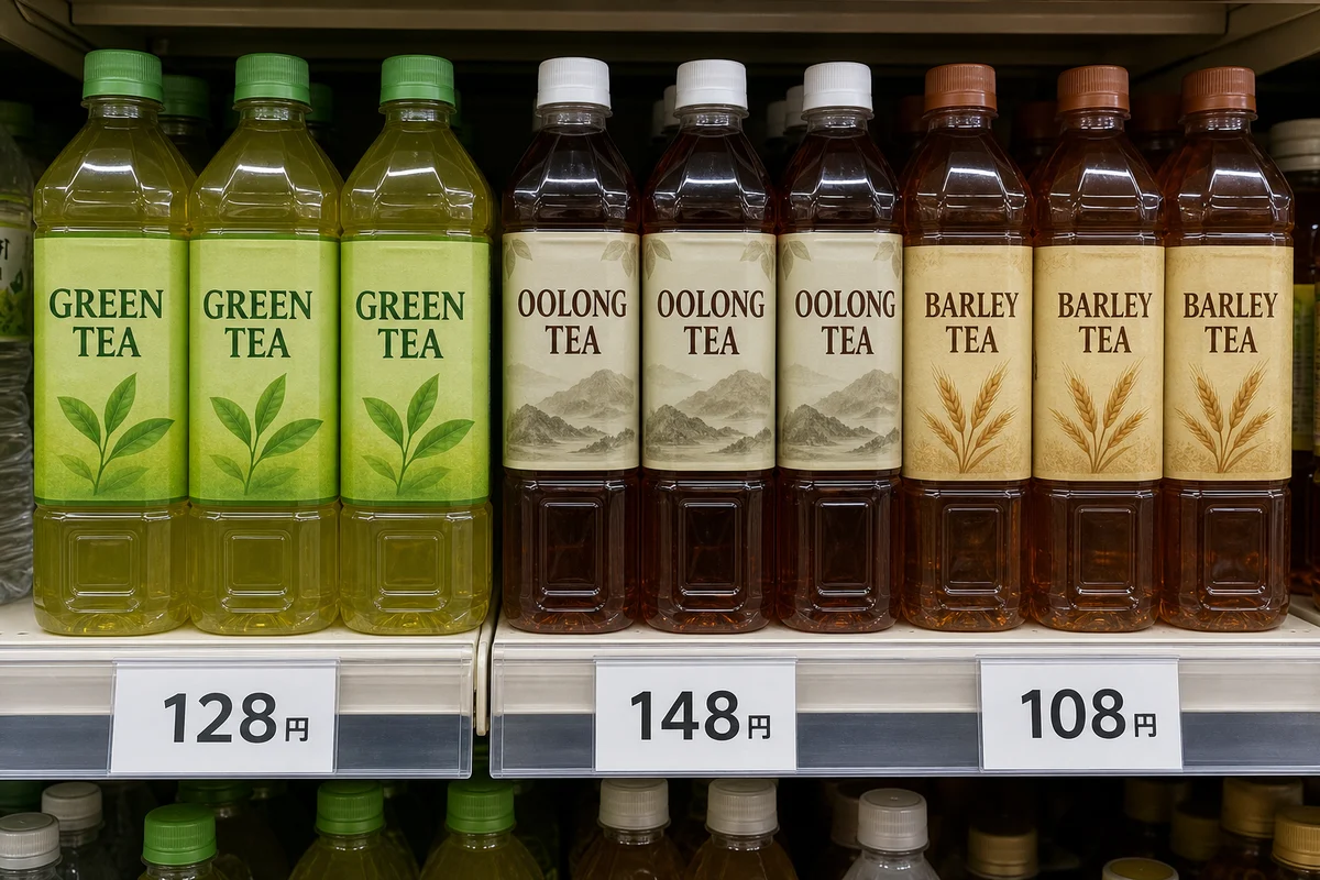 Shelf display of bottled tea with three visible price labels